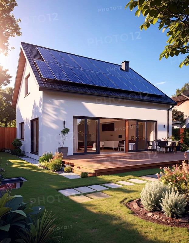 Residential house with solar panels on the roof, beautiful sunrise, AI generated