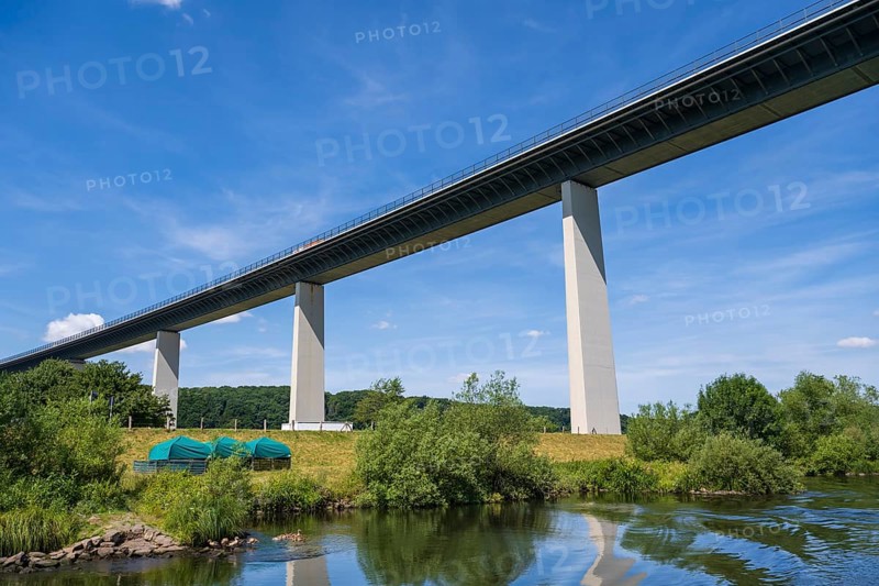Motorway bridge A 52 over the Ruhr, from below, Nile geese with young on the water, Mülheim an der Ruhr, Rur area, North Rhine-Westphalia, Germany