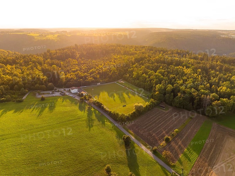 Fields and forest in the light of the sunset with long shadows, VFL Stammheim, Calw, Black Forest, Germany