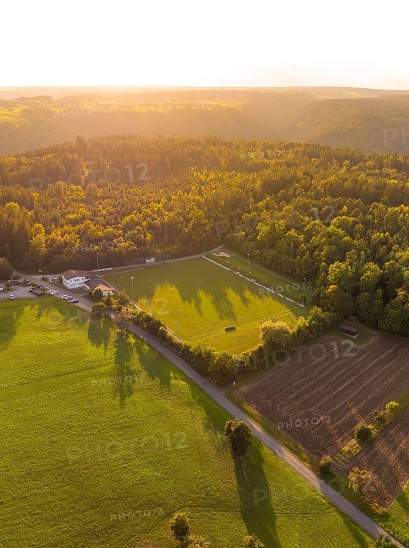Light and shadow over green meadows and forest at sunset, VFL Stammheim, Calw, Black Forest, Germany