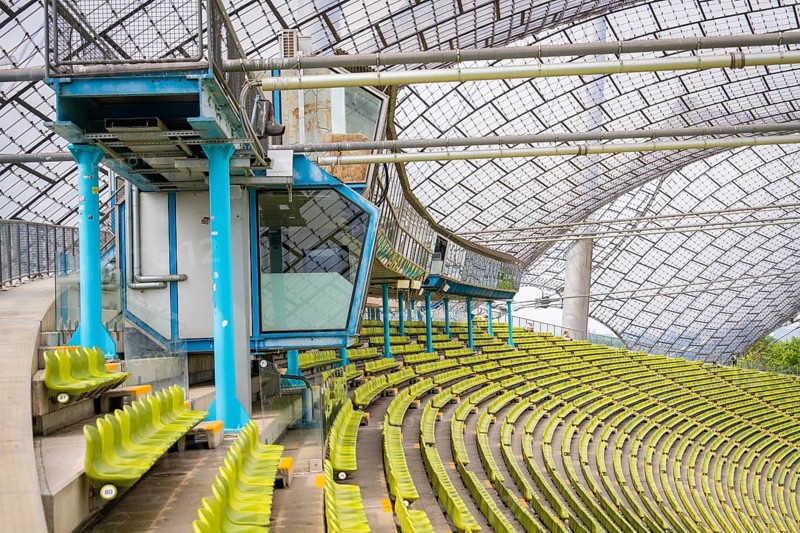 Modern technical area in the stadium with a view of the rows of seats, Olympiapark, Munich, Germany