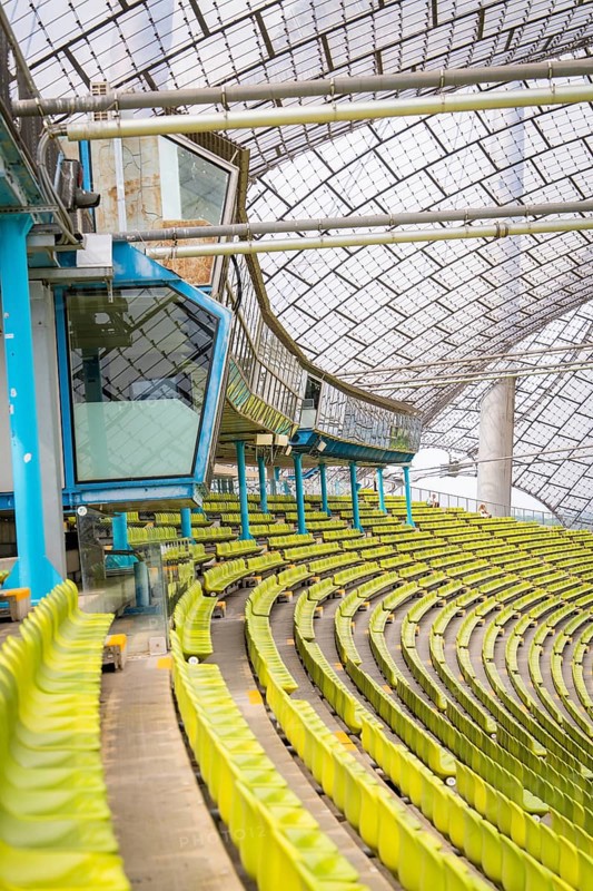Technical area in the stadium with a view of the stands and modern elements, Olympic Park, Munich, Germany