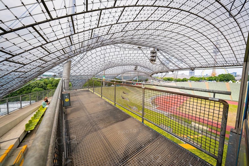 Viewing platform in the stadium under a futuristic roof, Olympic Park, Munich, Germany