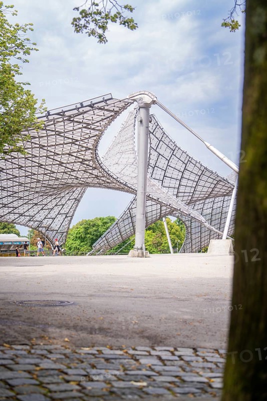 Modern architectural structure with lattice roof and a tree in the foreground, Olympiapark, Munich, Germany
