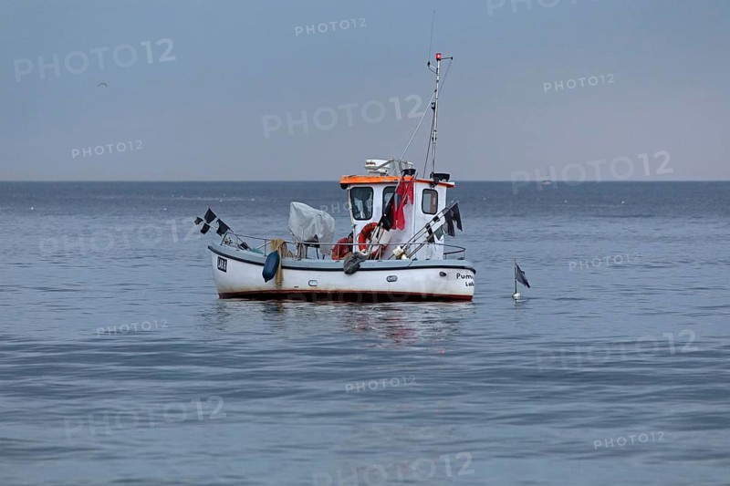 Fishing boat off Falckenstein Strand, Kiel Fjord, Kiel, Schleswig-Holstein, Germany