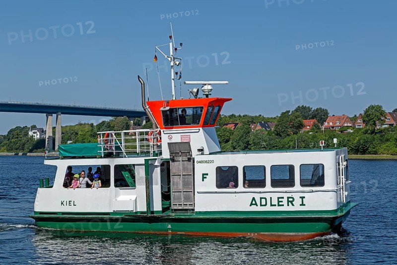 Passenger ferry Adler 1, Holtenauer Hochbrücken, Kiel Canal, Kiel, Schleswig-Holstein, Germany