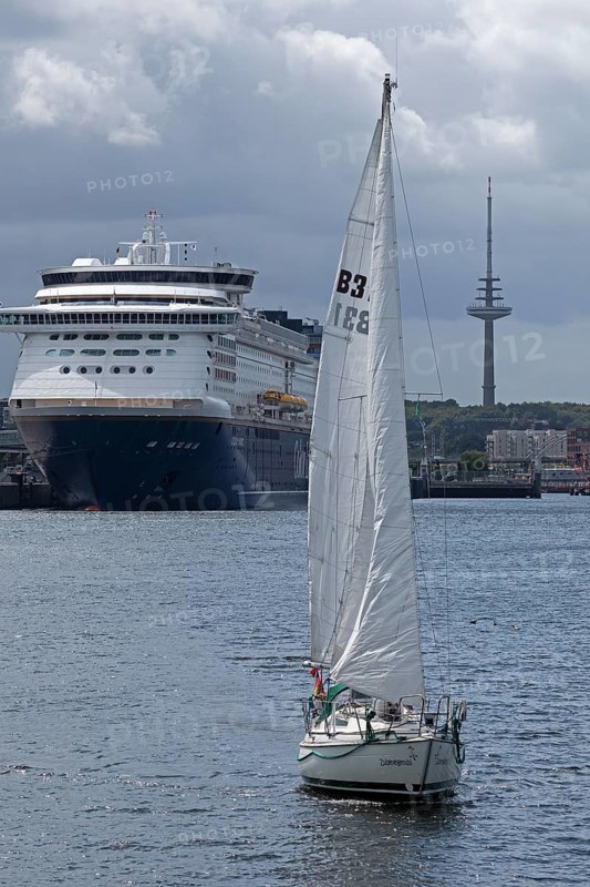 Color Line ferry Color Magic, sailing boat, harbour, television tower, Kiel, Schleswig-Holstein, Germany