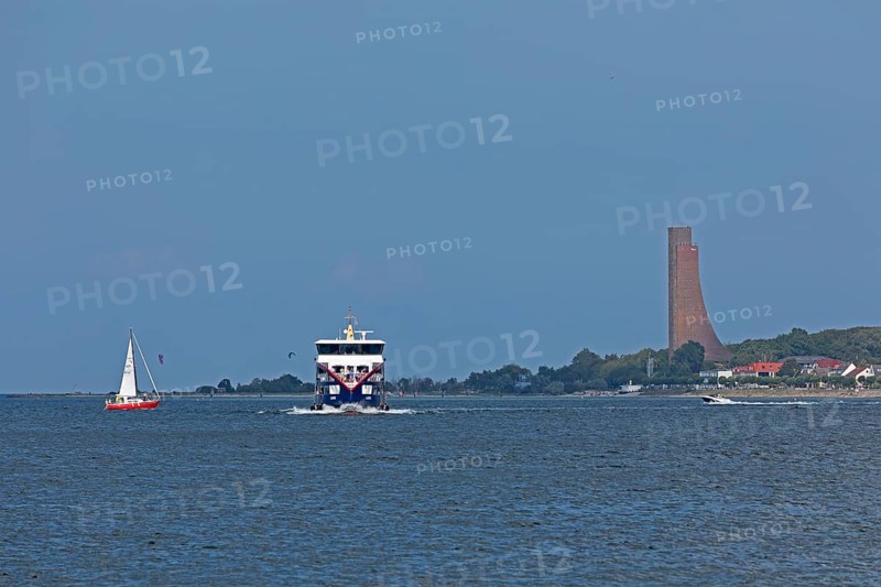 Sailing boat, fjord ferry, naval memorial, Laboe, Kiel Fjord, Schleswig-Holstein, Germany