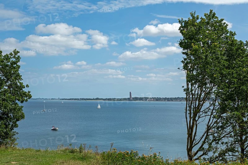 View from Schilcksee, Kiel, to naval memorial, Laboe, Kiel Fjord, Schleswig-Holstein, Germany