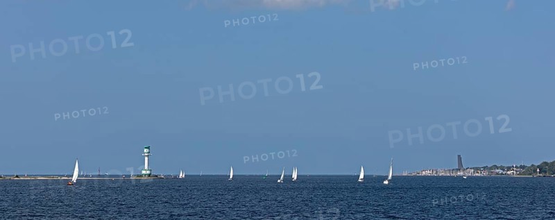 Panoramic picture, lighthouse Friedrichsort, sailing boats, naval memorial, Laboe, Kiel Fjord, Kiel, Schleswig-Holstein, Germany