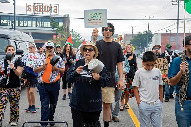 Detroit, Michigan USA - 23 August 2025 - Protesters rally at Eastern Market, banging empty pots to protest starvation in Gaza