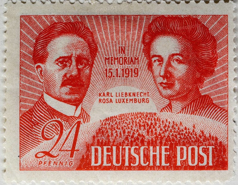 Karl Liebknecht, a German socialist and Rosa Luxemburg, a Marxist theorist, philosopher, economist and revolutionary socialist, Portrait on a German post stamp