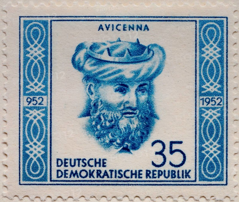 Avicenna, 980, 1037, a Persian physician, philosopher, poet, and scientist. Portrait on a German post stamp
