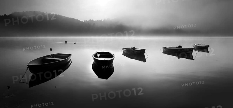 Panorama, black and white, morning mood with fog at the Edersee, rowing boats are moored in the water, Ederstausee, Edertalsperre, Hesse, Germany