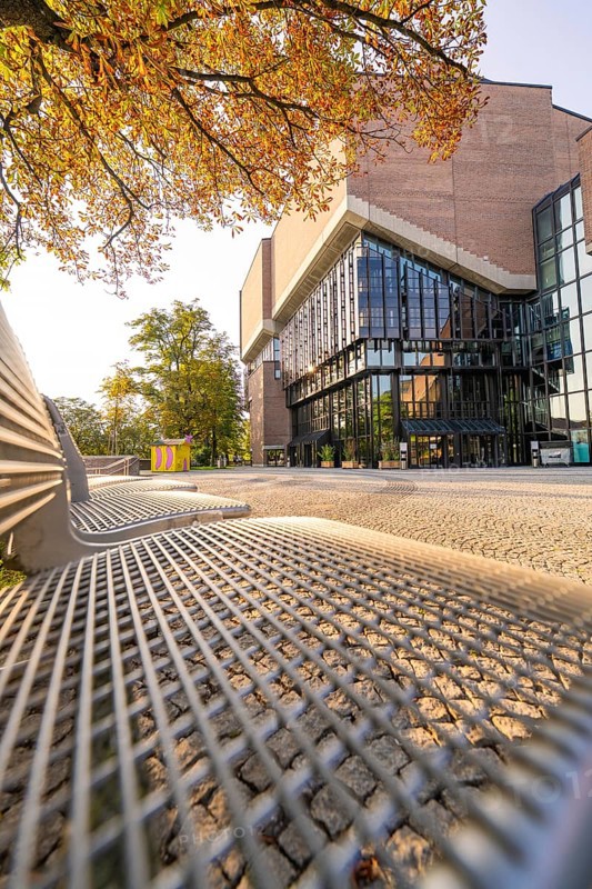 Modern building with glass front, framed by autumnal trees, urban and sunny ambience, Munich, Germany