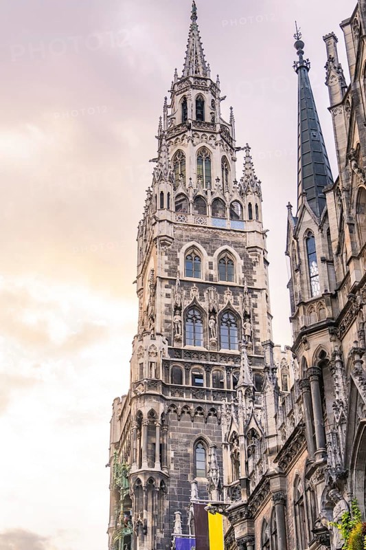 Gothic tower of the New Town Hall at dusk, Munich, Germany