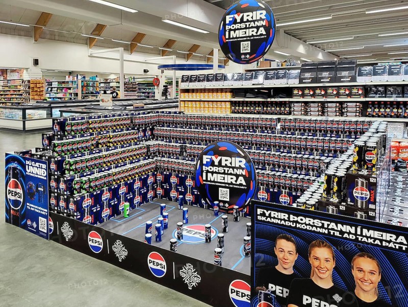 Football stadium built from beverage cans for the European Women's Championship in the supermarket, Keflavik, Reykjanesbær, Iceland