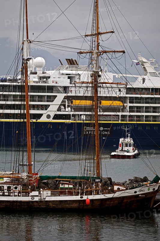 A cruise ship, a sailing ship and other ships and boats in the harbour, Husavik, Iceland
