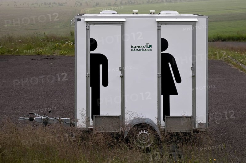 Toilet truck in rural surroundings, Hólar, Northwest Iceland, Iceland