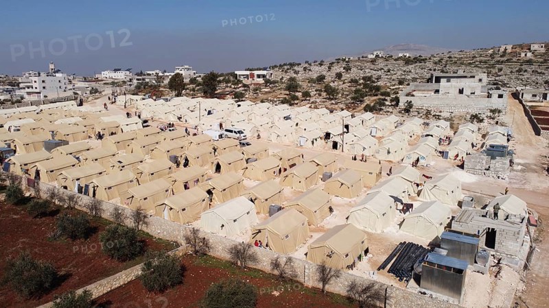 Aerial photo showing dozens of makeshift tents housing Syrian refugees near the Turkish border under difficult humanitarian conditions. Aleppo, Syria February 18, 2023, Aleppo, Syria