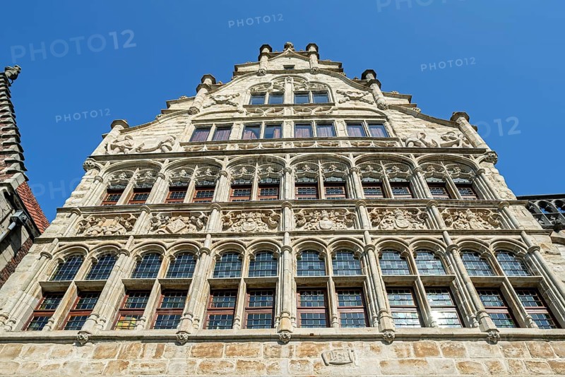 Façade of 16th century guildhall of the Free Boatmen, Gildehuis der Vrije Schippers at the Graslei in the city Ghent, Belgium, East Flanders, Belgium