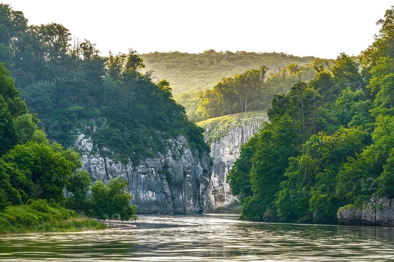 Danube gorge Weltenburg at sunrise, nature reserve Weltenburger Enge, Kelheim, Bavaria