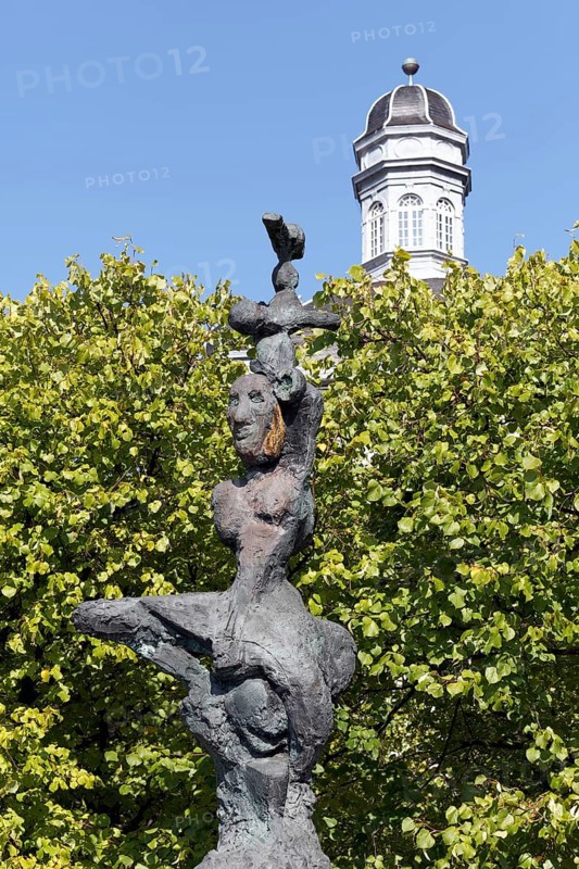 The Ugly Greets the Beautiful I, bronze sculpture by sculptor Markus Lüpertz, Bensberg Castle, Bergisch Gladbach, Bergisches Land, North Rhine-Westphalia, Germany