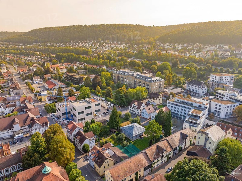 Urban environment with residential buildings and many trees, rising hills in the background in autumn light, Nagold, district of Calw, Black Forest, Germany