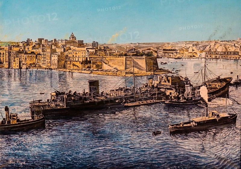 Arrival of the tanker ss Ohio 1942, Oelgemaelde, Fort St. Elmo, fortress on the northern tip built in 1670 by the Order of Malta to fortify the harbour, houses the National War Museum of Military History, Valletta, UNESCO World Heritage Site, Malta