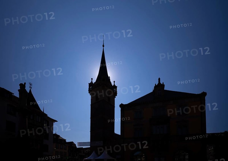 Cappel Tower, Sainte-Odile Fountain, Town Hall, Hôtel de Ville, Market Square, Old Town, Obernai, also Oberehnheim, Backlight, Silhouette, Bas-Rhin, Grand-Est, Alsace, France