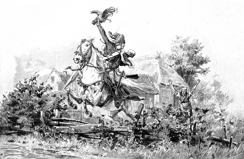 Lucky catch, theft, chicken thief, soldier on a horse has stolen a chicken and jumps over the garden fence, the farmer's wife runs after him angrily, 1880, France, Historical, authentic, digitally restored reproduction from a 19th century original, Record date not stated