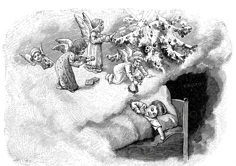 Christmas dream, Boy lying in bed and dreaming of Christmas angels bringing presents, 1898, Germany, Historical, authentic, digitally restored reproduction from a 19th century original, Record date not stated