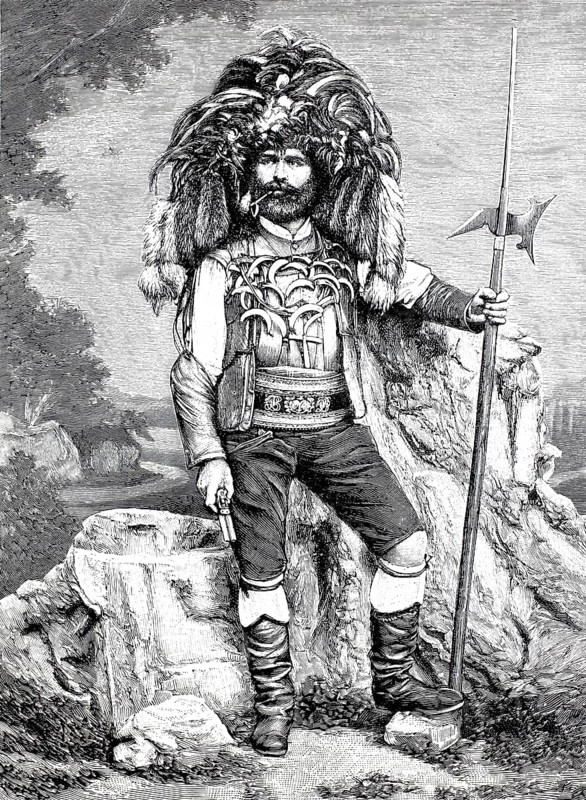Saltner from Merano, vineyard guardian, vineyard guardian, field guard in the wine mountains to prevent grape thefts and drive away birds, 1895, South Tyrol, Italy, Historical, authentic, digitally restored reproduction from a 19th century original, Record date not stated