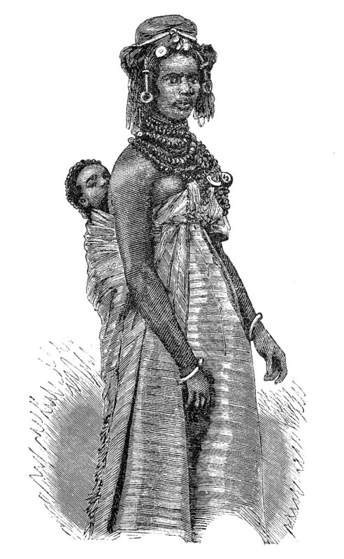 A woman with a baby on her back from the Pöth tribe, Fulani, also known as Fula or Peul, large ethnic group mainly indigenous to West Africa and the Sahel, Historical, authentic, digitally restored reproduction from a 19th century original, Record date not stated