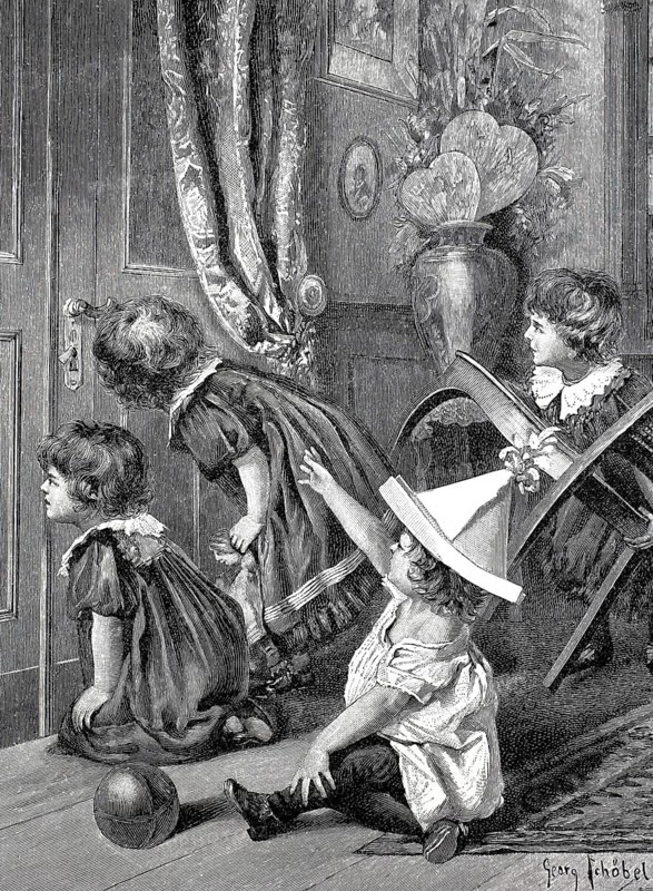 Christmas, the children are curious of Father Christmas is already there and look through the keyhole, 1898, Germany, Historical, authentic, digitally restored reproduction from a 19th century original, Record date not stated