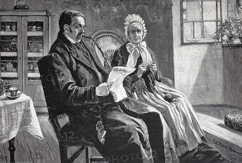 The latest news, man and woman sitting in the living room, he is reading the newspaper, she is knitting, 1895, Germany, Historical, authentic, digitally restored reproduction from a 19th century original, Record date not stated
