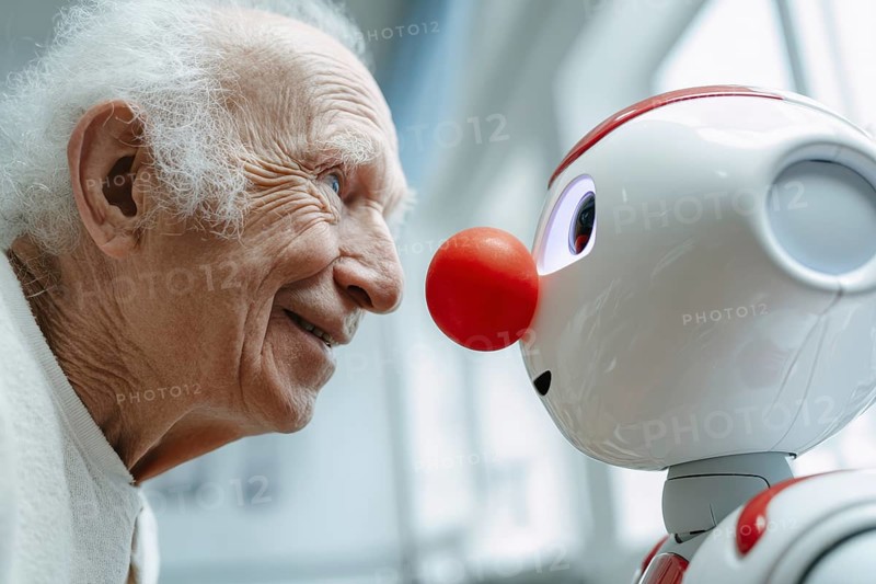 An elderly man in a nursing home smiles and communicates with a humanoid robot, care robot with a clown nose, symbolising loneliness, social isolation in old age, AI generated, AI generated