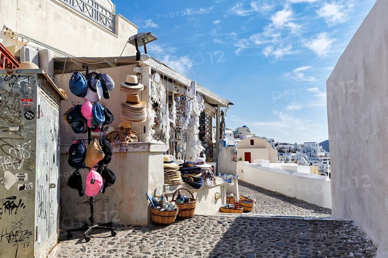 Souvenir shop in a narrow alley in the old town, Shopping, Cirrus, Oia, Thira, Santorini, Cyclades, Greece