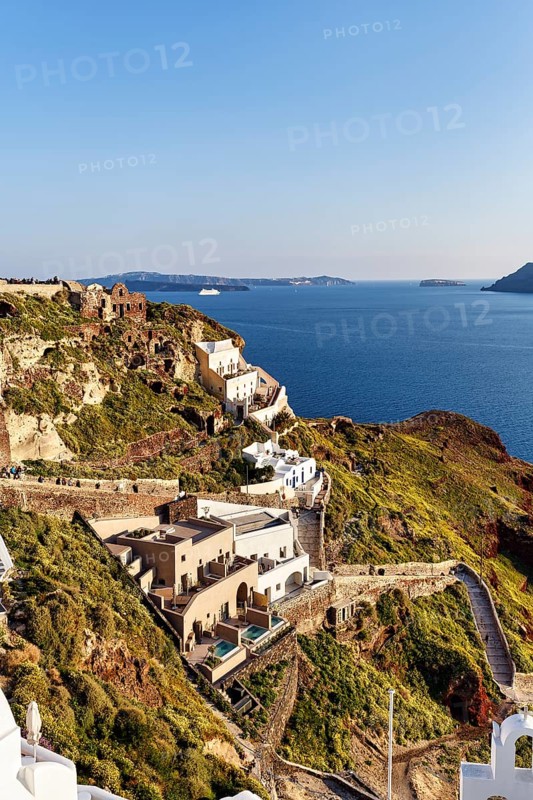 White houses on the cliffs, view of the caldera, Oia, Thira, Santorini, Cyclades, Greece