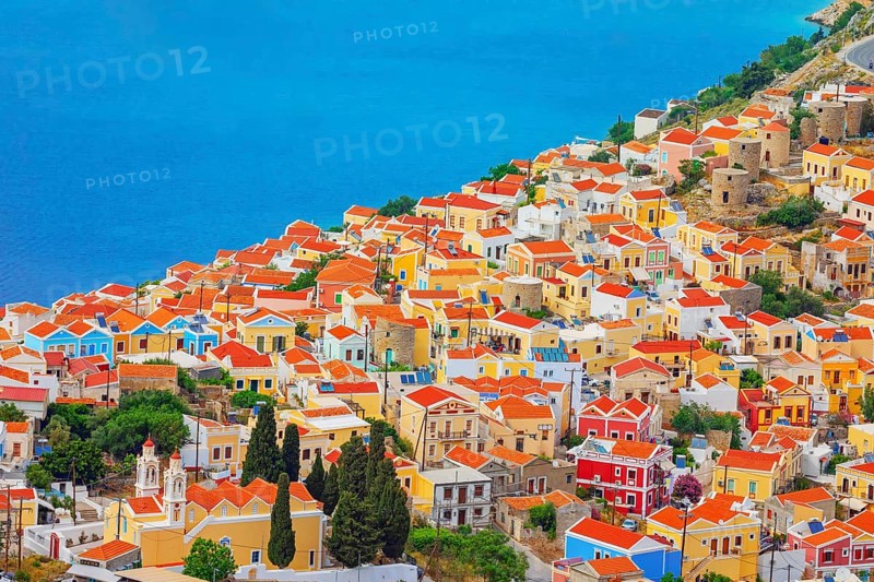 Chorio (upper town), high angle view, Chorio, Symi Island, Dodecanese Islands, Greece
