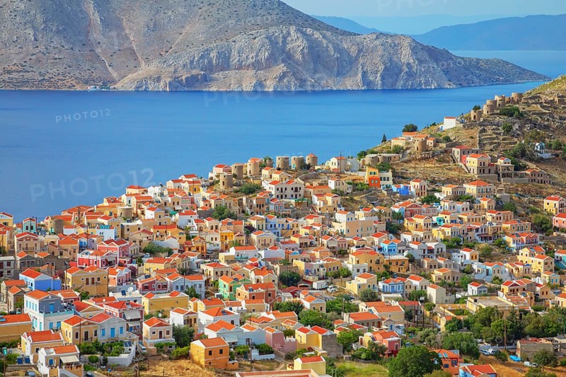 View over Chorio (upper town), Chorio, Symi Island, Dodecanese Islands, Greece