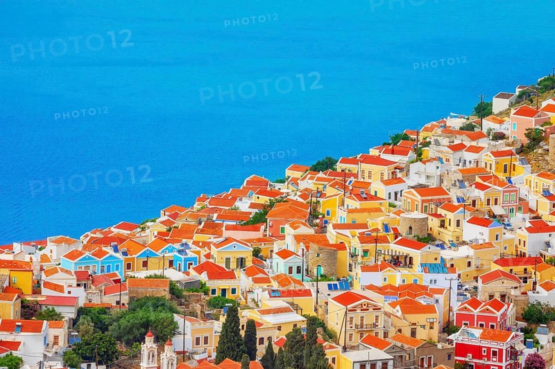 Chorio (upper town), high angle view, Chorio, Symi Island, Dodecanese Islands, Greece