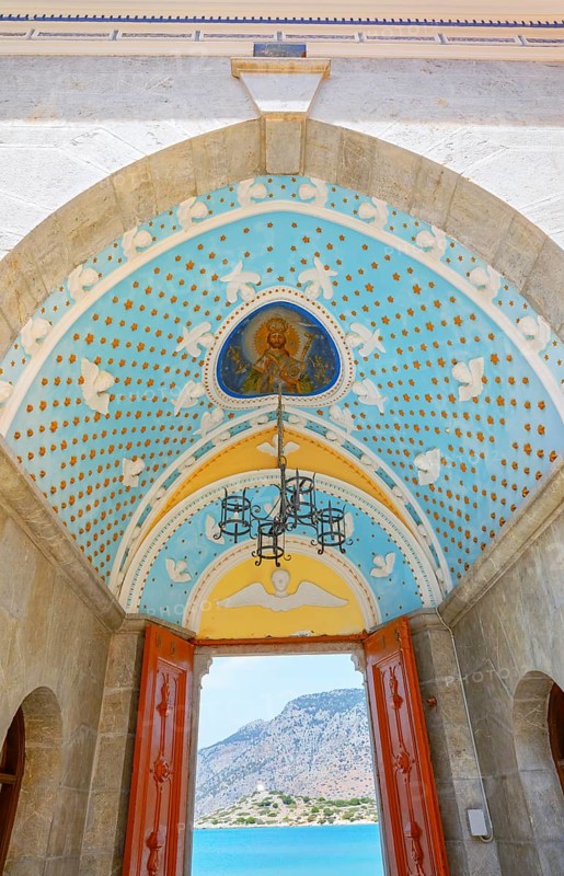 Panormitis monastery painted ceiling, Panormitis, Symi Island, Dodecanese Islands, Greece