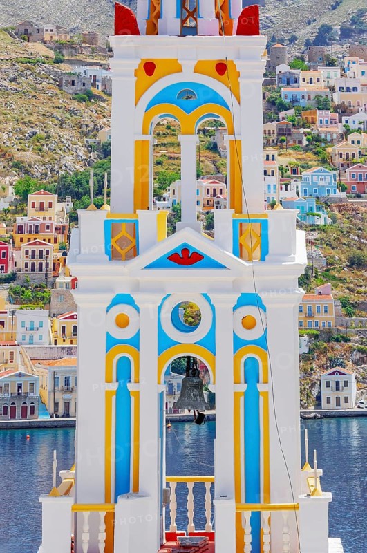 Church of Evangelismos (also known as Annunciation Church) bell tower, Gialos, Symi Island, Dodecanese Islands, Greece