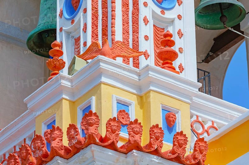Bell tower, Panormitis monastery, Panormitis, Symi Island, Dodecanese Islands, Greece
