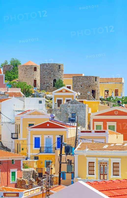 View of Chorio (upper town), Chorio, Symi Island, Dodecanese Islands, Greece