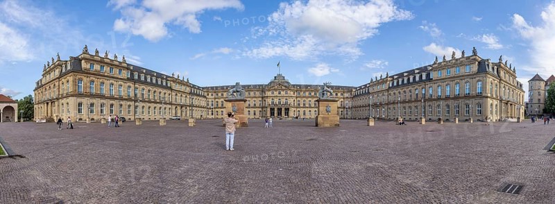 New Palace with Palace Square. Panoramic photo. Stuttgart, Baden-Württemberg, Germany