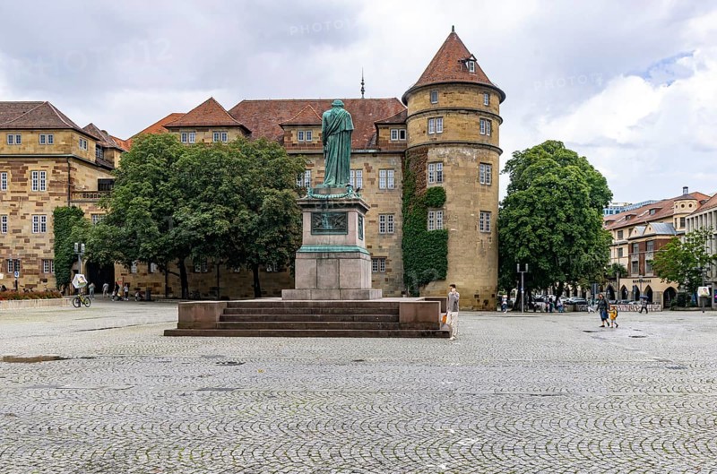 Schillerplatz Stuttgart with Schiller monument and Old Palace. Stuttgart, Baden-Württemberg, Germany