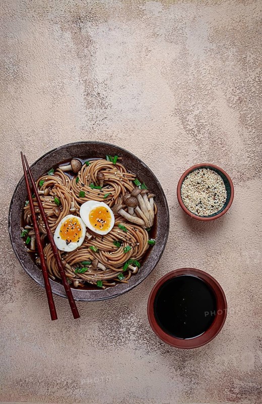 Buckwheat noodles, soba, with shimeji mushrooms, boiled egg, green onion, homemade, no people