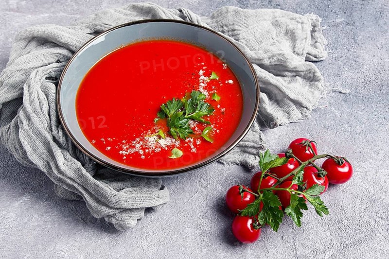 Tomato soup, with herbs and spices, homemade, no people